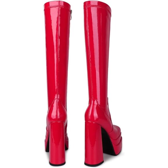 Red Platform Knee High Boots for Women, Chunky Heel, Zipper, Cosplay - Picture 4 of 6